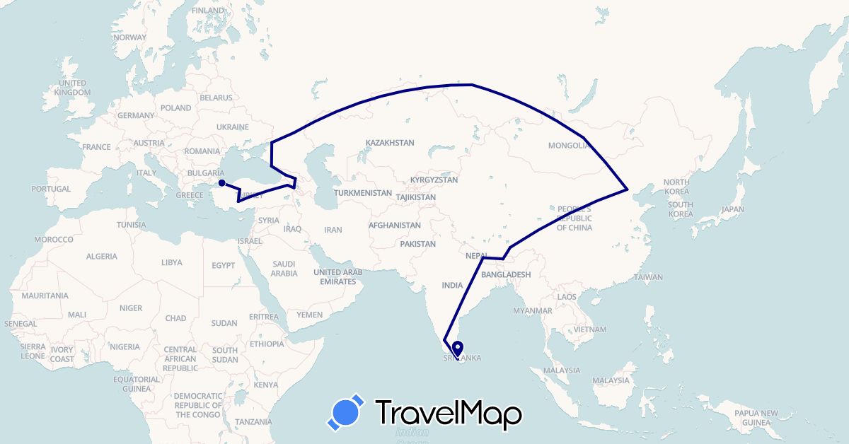 TravelMap itinerary: driving in Armenia, Bhutan, China, Georgia, India, Sri Lanka, Mongolia, Nepal, Russia, Turkey (Asia, Europe)